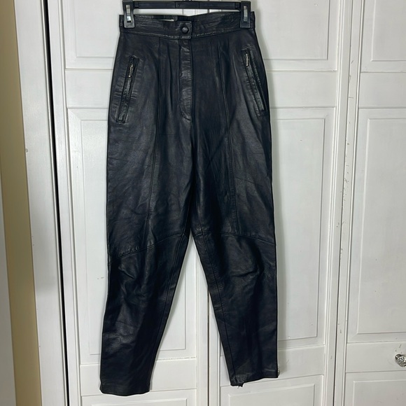 Vintage LEW MAGRAM NY Black Genuine Leather High Waisted Skinny Pants - Picture 5 of 12